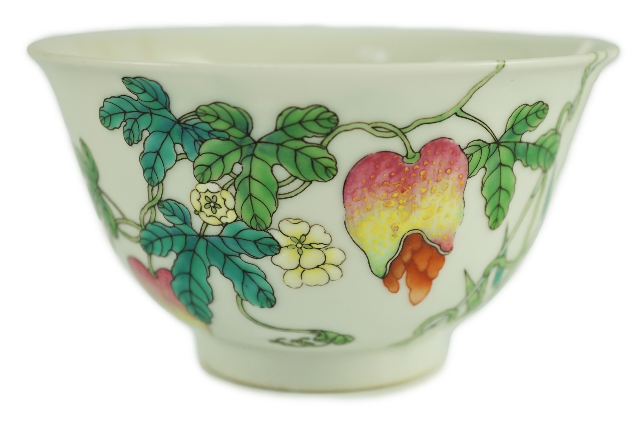 A Chinese famille rose bowl, Jiaqing seal mark and of the period (1796-1820), 10.7cm diameter, 6.3cm high, extensive damage